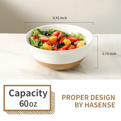 HASENSE Large Ceramic Serving Bowls Set of 2, 60 Oz 8.5 Inch White & Terracotta Stoneware Bowls, Farmhouse Bowls for Salad, Soup & Pasta, Dishwasher & Microwave Safe, Christmas Entertaining Dishes - color: White, size: 65 oz
