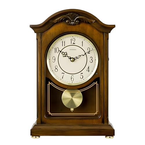 DODEKA Wooden Mantel Clock TCW004DB Pendulum Carved Case Hourly Chime Classic Melody Antique Style for Fireplace, Table, Bedroom, Living Room