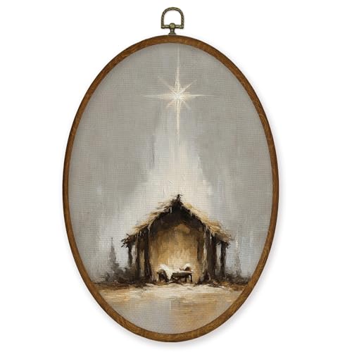 WULQYING Christmas Christian Nativity Wall Art Decor, Religious Christmas Oval Framed Canvas Art Prints, Xmas Jesus Nativity Bible Verse Wall Hanging Decor for Home Bedroom Church, 8.6x11.4 Inches - color: Color 18
