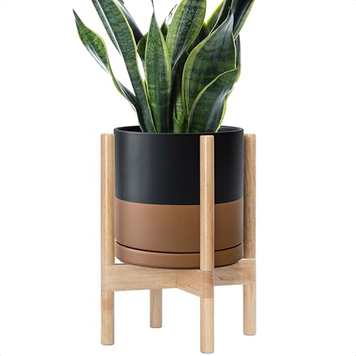 D'vine Dev Ceramic Pot with Natural Wood Stand, Black/Tan, 10 in, 55-B-K-7 - color: Black/Speckled Tan Pot + Natural Stand, size: 10 Inch