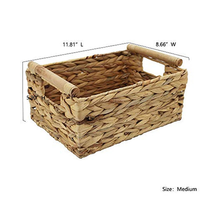 Natural Woven Water Hyacinth Storage Basket with Wood Handles, Medium - color: Natural, size: 11.81x 8.66x 5.9