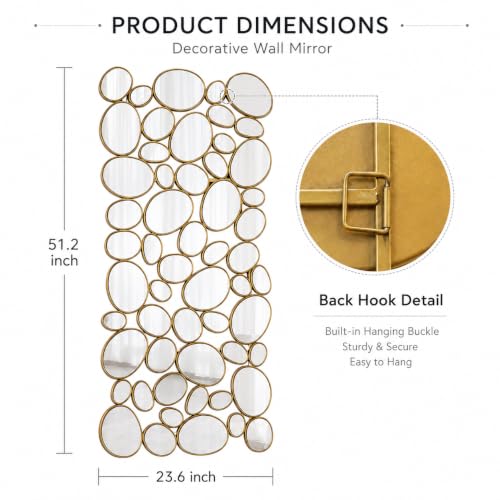 Gold Wall Mirrors Decorative - 51"x23" Large Modern Wall Mirror for Home Decor, 55 Pieces Multi-Size Pebble Design Metal Framed Accent Mirror for Entryway Bedroom Living Room Wall Art Decor - color: Gold, size: 51"L x 23"W