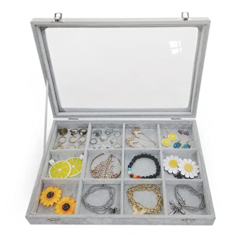 Removable 12 Grids Bracelet Organizer Box Ice Velvet Clear Lid - color: 12 Grids
