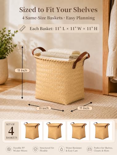 Wicker Storage Baskets, 4 Pack Woven Baskets for Shelves, Yellow - color: Round Yellow
