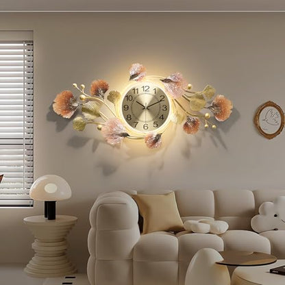 Modern 35''x20'' Metal Wall Clock Featuring a Silent Movement and Creative Ginkgo Leaf Design Living Room, Bedroom, or Office Decor - size: 19''Lx35''W