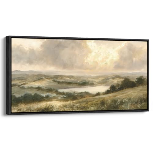 wall26 Extra Large Framed Wall Art Canvas Print - Muted Vintage Rolling Hills Valley Landscape - Contemporary Artwork for Living Room Bedroom Office - 60"x30" Black - color: A07-2607-YUK18, size: 60"L x 30"W, style: Black Frame