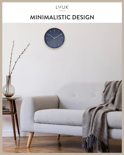 LUUK LIFESTYLE Modern Silent Quartz Wall Clock, 10in, Dark Blue & Gold | Royal color, Non-ticking, Analog, Easy-to-read display, Battery operated, Simple & Elegant, Housewarming gift - color: Dark Blue, 10"