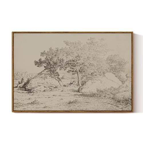 VIYYIEA Large Framed Canvas Wall Art, 24x36 Inch Vintage Landscape Sketch, Neutral Antique Nature Wall Decor for Living Room or Bedroom, Serene and Timeless Artwork - color: Swaying Tree Shadows, size: 36"L x 24"W