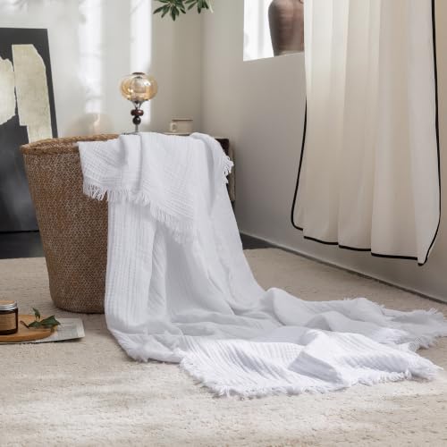 FOSSA Muslin Blanket 4-Layer 100% Cotton Gauze Blanket with Fringe 50"x70" - color: Bright White, size: Throw XL (50" × 70")