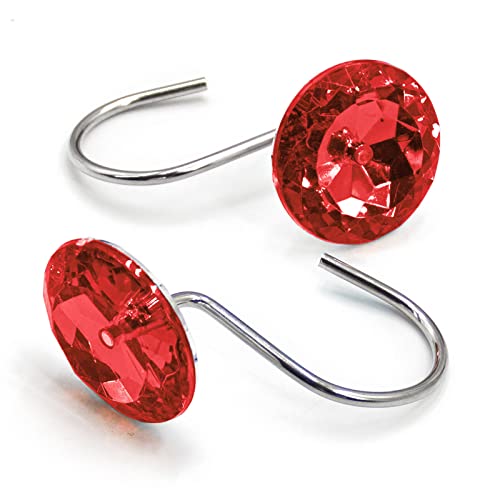 Crystal Diamond Round Shower Curtain Hooks Rings for Bathroom,Red,12PCS - color: Red