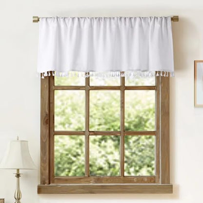 Oindec Faux Linen Tassel Kitchen Valances, White, 54x15 inch - color: White
