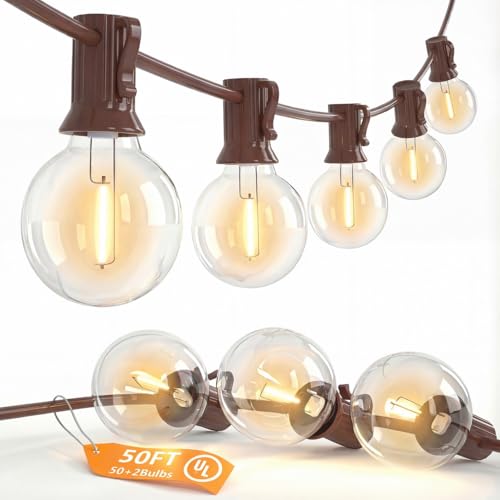 50FT Brown Outdoor String Lights, Shatterproof LED Globe Edison String Lights with 50 G40 LED Bulbs, Waterproof Connectable Hanging Light for Backyard Patio Porch Balcony Party Decor, E12 Base - color: Warm White-Brown, size: 50FT
