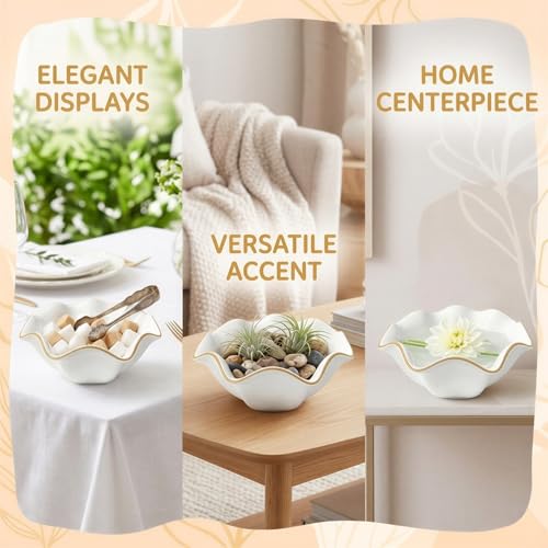 8 in White Ceramic Decorative Bowl, Ruffle Edge Serving Bowl with Golden Rim, 320 oz Shallow Fruit Container for Kitchen Counter, Dining Table Centerpiece, Entry Decor, Housewarming Present