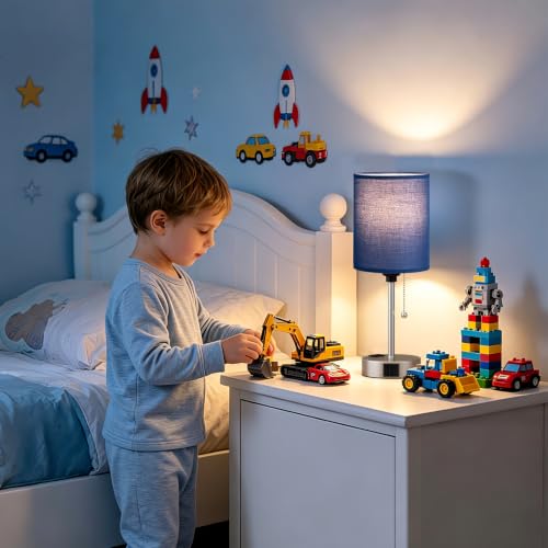 Blue Bedside Table Lamp for Bedroom, Desk Lamp with USB Ports for Dorm - color: Blue-Silver, size: 14.6 in