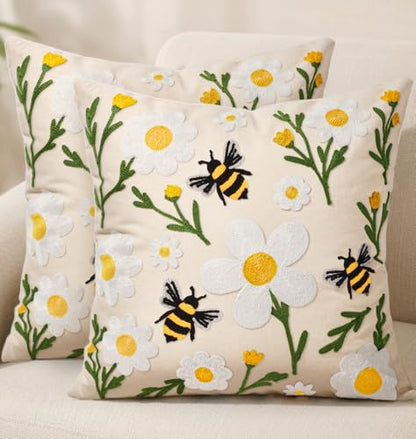 Embroidered Throw Pillow Covers 18x18 Inch, 2Pack, Flower Bee - color: Flower Bee, size: 18" x 18" (Pack of 2)