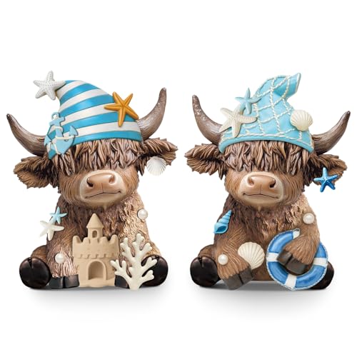 Karenhi 2 Pcs Beach Highland Cow Figurines, Ocean Resin Statues - style: Ocean