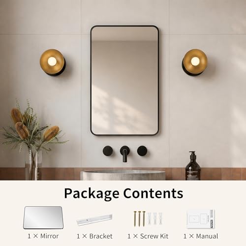 DeerValley Bathroom Mirror with Black Frame, Rounded Rectangle - color: Black, size: 36"L x 24"W
