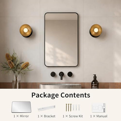 DeerValley Bathroom Mirror with Black Frame, Rounded Rectangle - color: Black, size: 36"L x 24"W