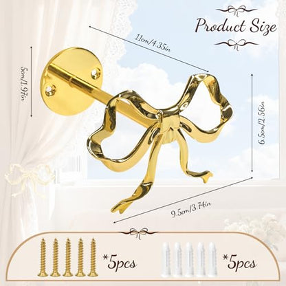 2 Pack Metal Bow Curtain Holdbacks Tiebacks, Wall Mounted Curtain Hooks, Bow Curtain Tiebacks for Living Room Bedroom Office Home, Gold