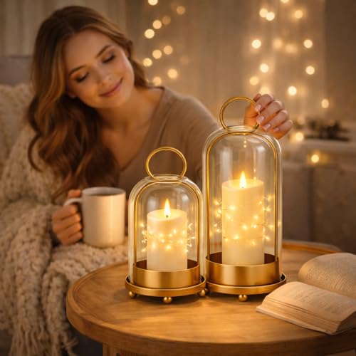 Glass Candle Lantern Brass Hurricane Candle Holders Set for Pillar Candles, Tabletop & Hanging Decor for Living Room, Dining Table, Patio & Events