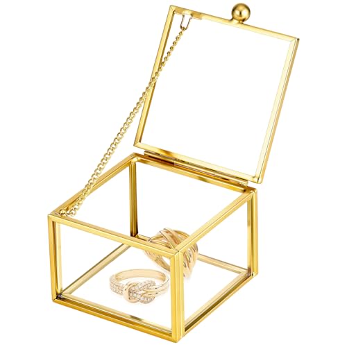 Vintage Gold Glass Jewelry Box with Lid 2.36 x 2.36 x 1.77 Inch