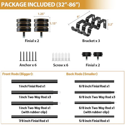 TONIAL 1 Inch Double Curtain Rods for Windows 48 to 84 Inch, Black - color: Black, size: 32-86”