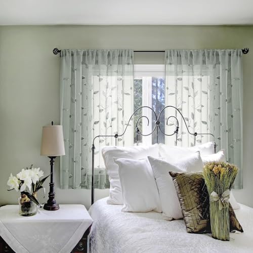 HOMEIDEAS Sage Green Kitchen Curtains Leaf Embroidered, 52x45, 2 Panel - color: 1-sage Green, size: 52"W x 45"L (Pack of 2)