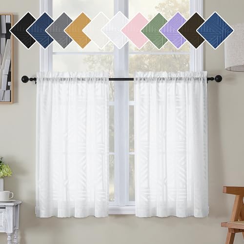 Simplebrand Sheer White Kitchen Curtains 36 Inch Length Tier Curtains 2 Panels, Light Filtering Geometric Jacquard Clip Textured Semi Sheer Short Window Curtains for Bathroom, 42x36 inch - color: White, size: 42"W x 36"L (Pack of 2)