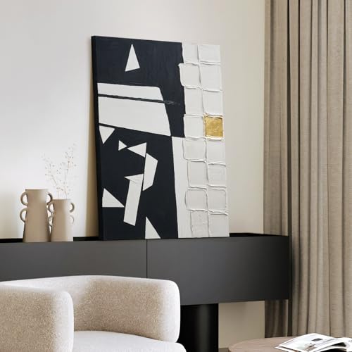 Modern Black & White Abstract 3D Textured Canvas Wall Art with Gold Leaf - color: Black White, size: 24"L x 36"W