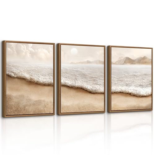 3 Pcs Abstract Beach Coastal Ocean Framed Canvas Wall Art Prints 12"x16" | Boho White Brown Coastal Scenery Artwork for Walls Painting Minimalist Home Decor for Bedroom Living Room Office - color: Abstract Beach Coastal Scenery, size: 12"x16"x3Pcs