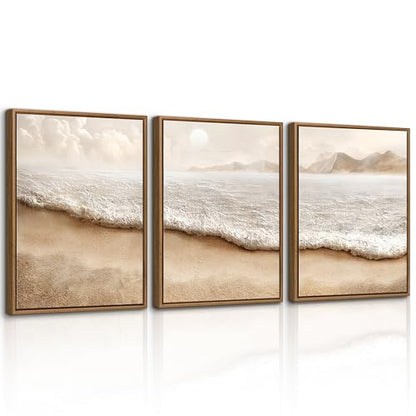 3 Pcs Abstract Beach Coastal Ocean Framed Canvas Wall Art Prints 12"x16" - color: Abstract Beach Coastal Scenery, size: 12"x16"x3Pcs