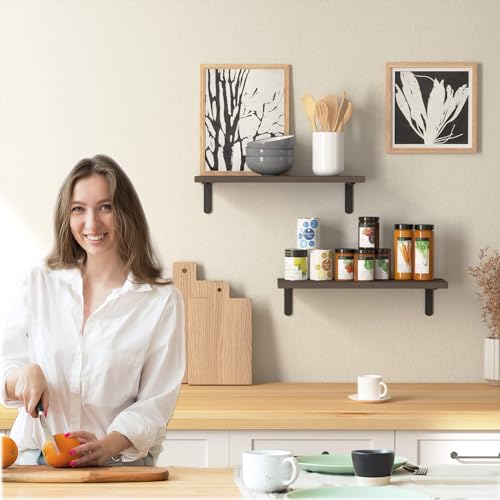 RICHER HOUSE Rustic Wood Floating Shelves, 2-Set Wall Mounted Shelves, 16In - color: Deep Brown