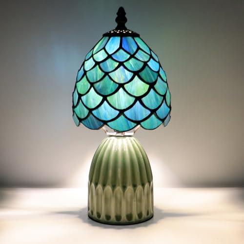 Tiffany Stained Glass Mushroom Table Lamp 12.5 Inch -Blue Fish Scale - color: Sea Blue Fish scale