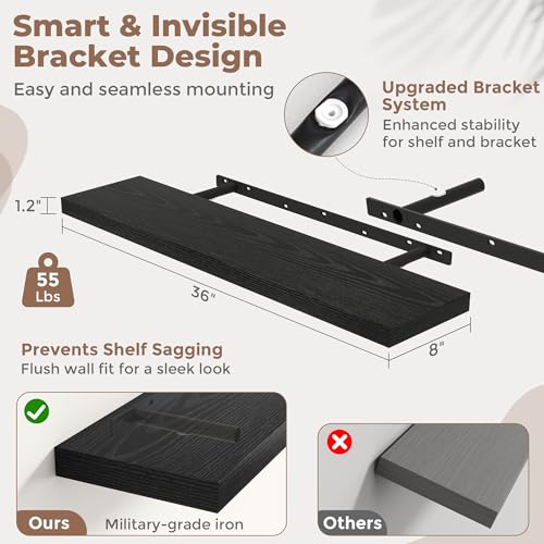36 Inch Floating Shelves, 8"Deep Wall Shelf, 55 Lbs Capacity, Black, 2pcs - color: Black, size: 36"Wx8"Dx1.2"H