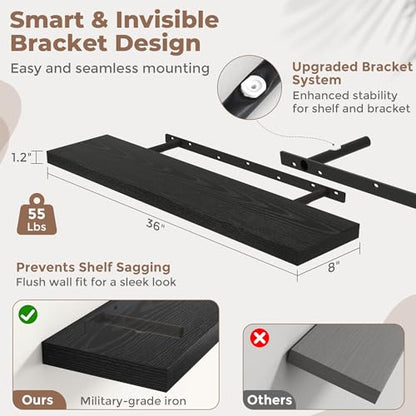 36 Inch Floating Shelves, 8"Deep Wall Shelf, 55 Lbs Capacity, Black, 2pcs - color: Black, size: 36"Wx8"Dx1.2"H