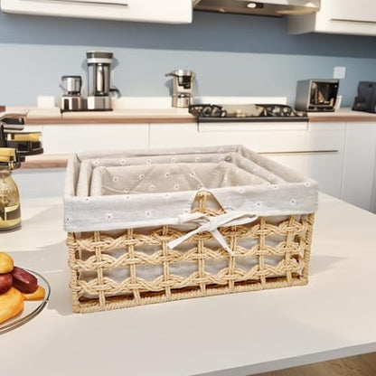 GIB Small Wicker Woven Storage Baskets for Organizng with Liners, Set of 3 - color: Beige