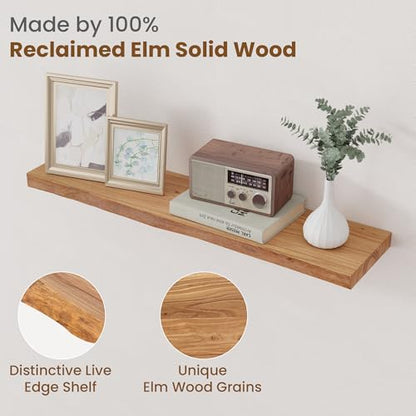 Floating Shelves for Wall, Solid Elm Wood Shelves, 32in Set of 2, Natural - color: Natural, size: Live Edge, 32inch, 2Packs