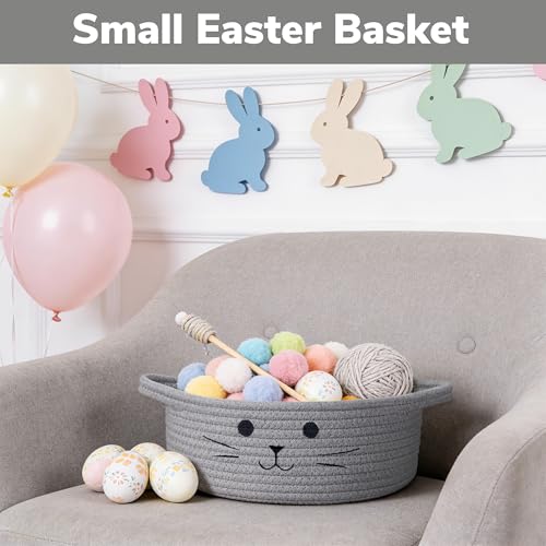 Small Woven Rope Cat Toy Basket with Cat Face Design, Grey - color: Gray, size: 9.8"W x 4"H