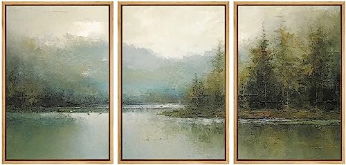 wall26 Framed Canvas Print Wall Art Set Emerald Green Pastel Pine Tree Forest Nature Wilderness Illustrations Modern Art Decorative Rustic Relax/Calm Colorful for Bedroom - 24"x36"x3 Natural - color: A13-2306-na04, size: 24" x 36" x 3 Panels NATURAL