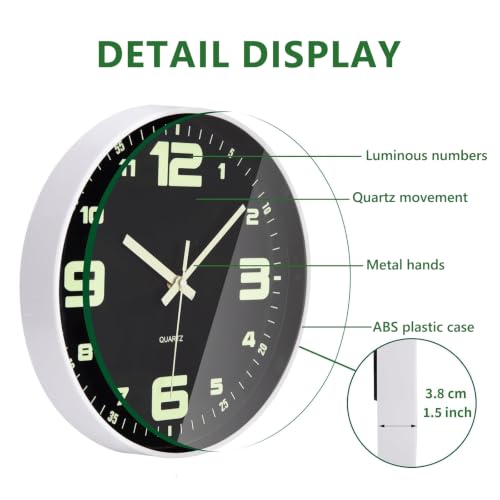Wall Clock Glow in The Dark Battery Operated Silent 12 in - color: White