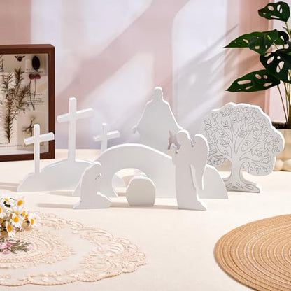 APUDW 7 Pcs Easter Scene and Cross Decoration White Wooden Empty Tomb Resurrection Scene Tabletop Display Christian Religious Jesus Nativity Set for Easter Holy Week Home Office Church Tray Shelf