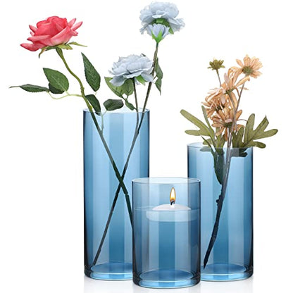 Inbagi 3 Pack Blue Candle Holders, Glass Hurricane Vases, 6, 8, 10 in