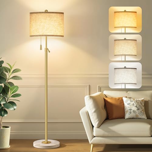 Modern Gold Floor Lamp for Living Room - Adjustable Height Standing Lamp with Marble Base & Linen Shade, 3-Way Dimmable Tall Floor Light for Bedroom, Reading, Bulb Included - color: Gold
