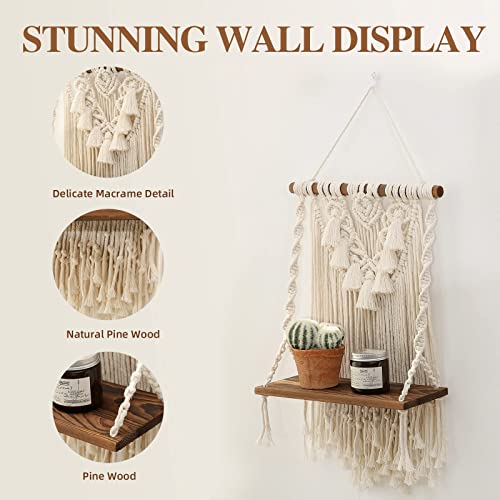 Macrame Wall Hanging Shelf & Boho Decor, Handmade Wooden Floating Shelves - size: Small
