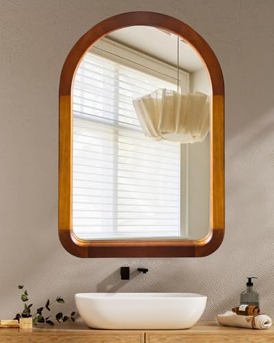 Arched Wood 24 x 36 Inch Bathroom Mirror for Wall with Walnut Frame - size: 36"L x 24"W