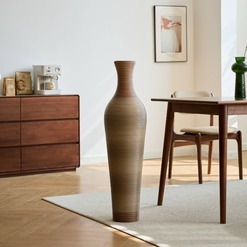 39-Inch Tall Floor Vase, Modern PVC Decorative Ribbed Design with Artificial Rattan Look, Large Statement Piece for Living Room, Freestanding Flower Holder