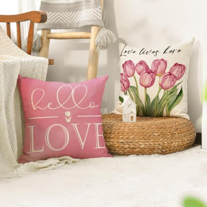 AVOIN colorlife Hello Love Pink Tulips Bicycle Throw Pillow Covers, 18 x 18 Inch Flowers Spring Mother's Day Cushion Case for Sofa Couch Set of 4 - size: 18" x 18" (Pack of 4)