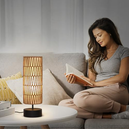 Rattan Table Lamp, Touch Control Bedside Table Lamp with Black Base, 3 Way Dimmable Nightstand Lamp with Dual-layer Shade, Boho Night Light for Bedroom Living Room Home Office, 9W LED Bulb Included - color: Black Base with Rattan Shade