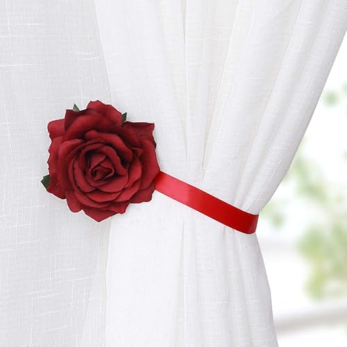 Magnetic Curtain Tiebacks, Rose Flower Tie Backs Rope - color: Burgundy-2pack