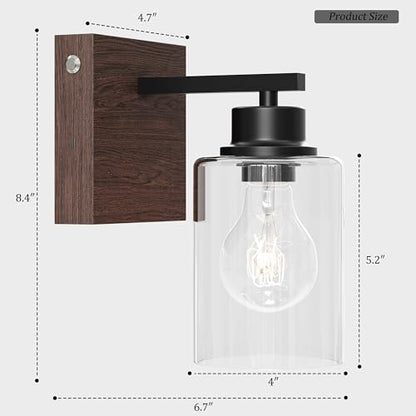 Rayogale Wireless Battery Operated Wall Sconce Set of 2 with Remote Control | Black & Walnut Dimmable Rechargeable Wall Lights with Timer, Easy Install Glass Lamp for Living Room Bedroom, Emergency 3000K - color: Black Walnut(Clear Lampshades)